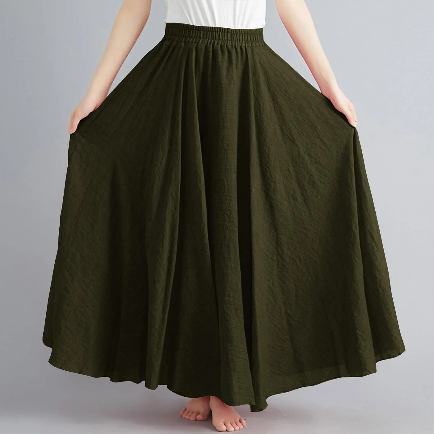 Womens Linen A-Line Skirts Elastic High Waisted Maxi Skirts Bohemian Casual Flowy Solid Beach Vacation Long Skirt