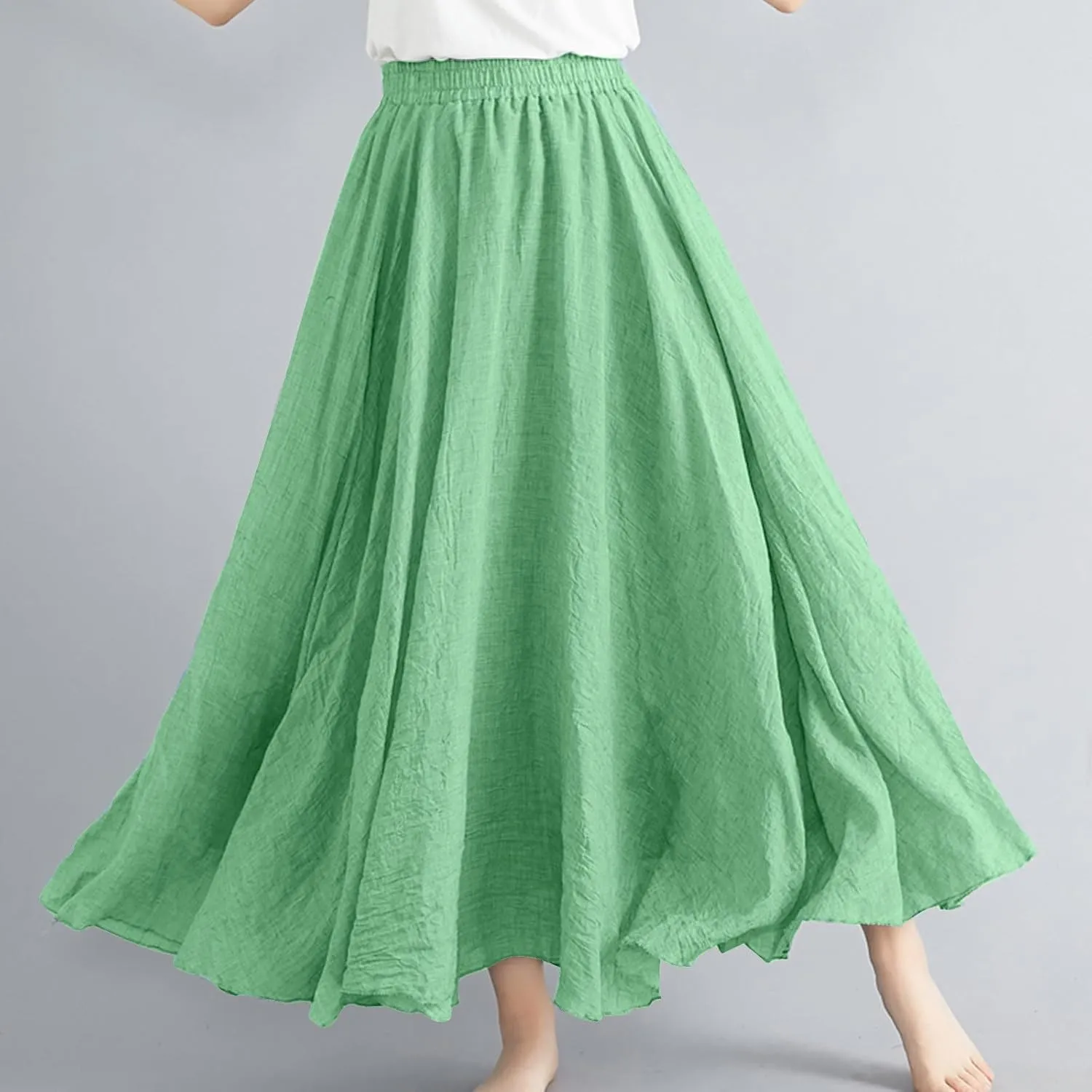 Womens Linen A-Line Skirts Elastic High Waisted Maxi Skirts Bohemian Casual Flowy Solid Beach Vacation Long Skirt