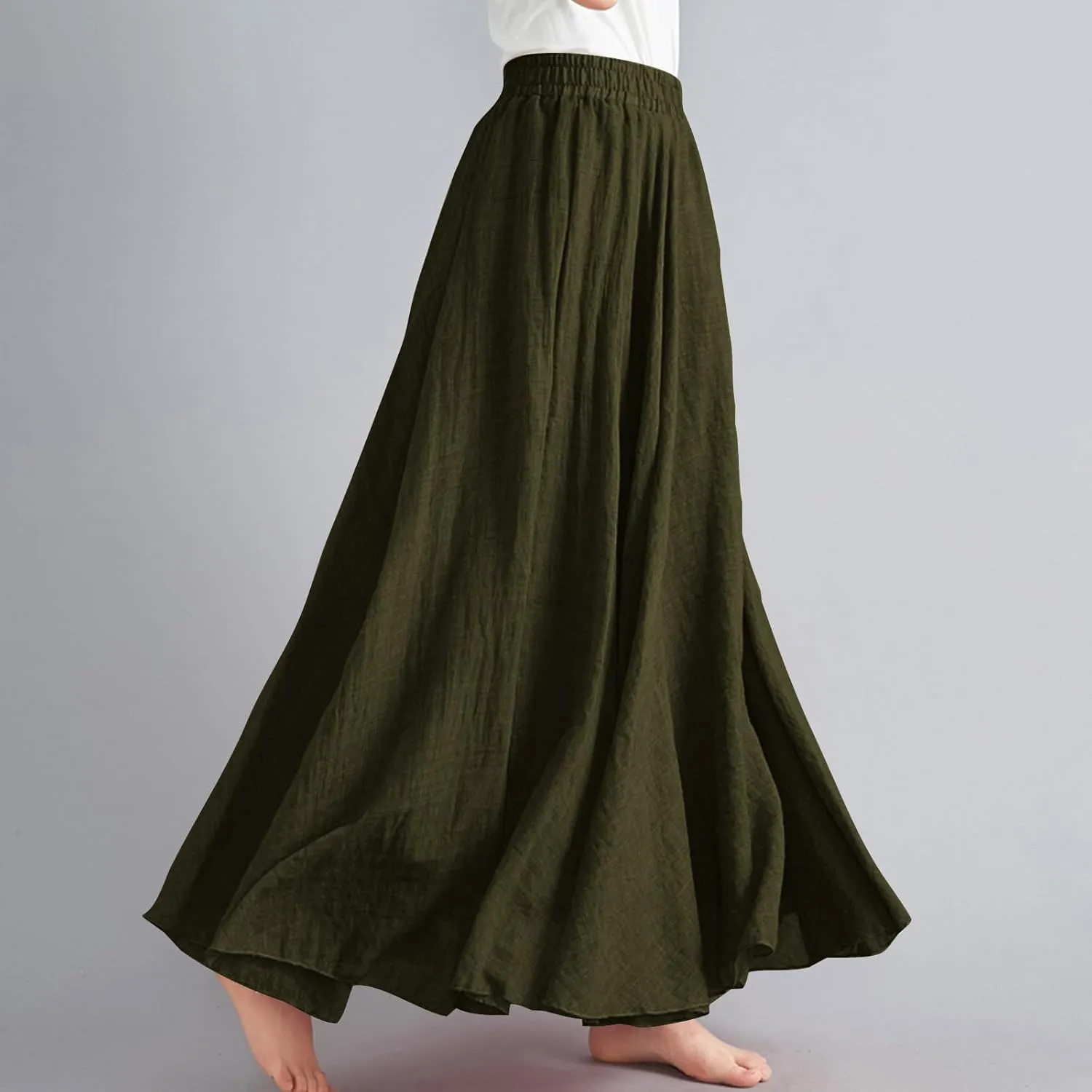 Womens Linen A-Line Skirts Elastic High Waisted Maxi Skirts Bohemian Casual Flowy Solid Beach Vacation Long Skirt
