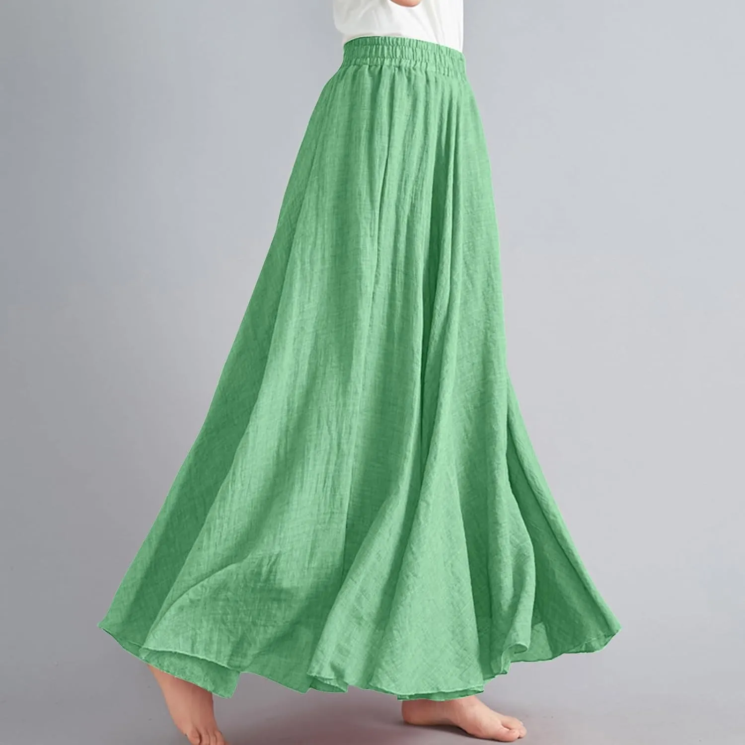 Womens Linen A-Line Skirts Elastic High Waisted Maxi Skirts Bohemian Casual Flowy Solid Beach Vacation Long Skirt