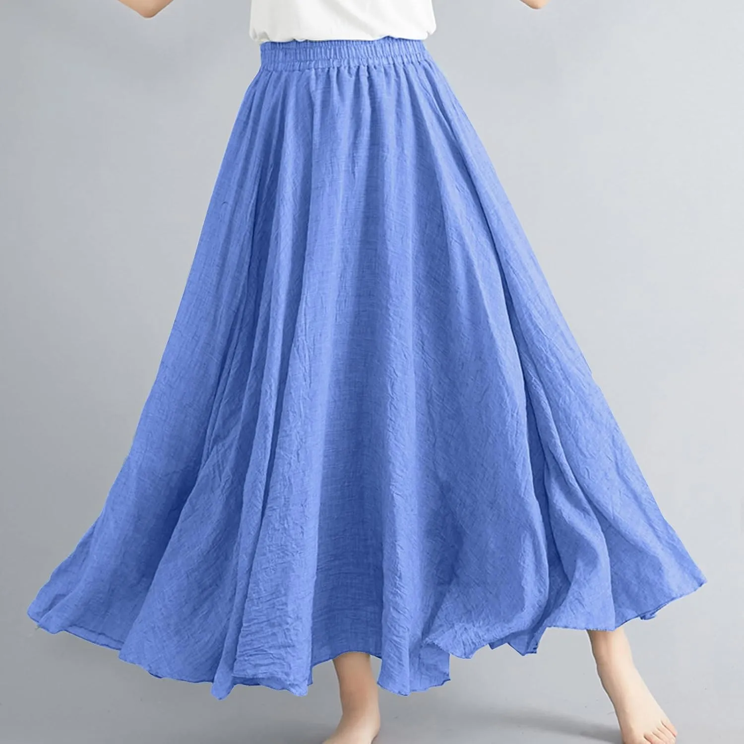 Womens Linen A-Line Skirts Elastic High Waisted Maxi Skirts Bohemian Casual Flowy Solid Beach Vacation Long Skirt