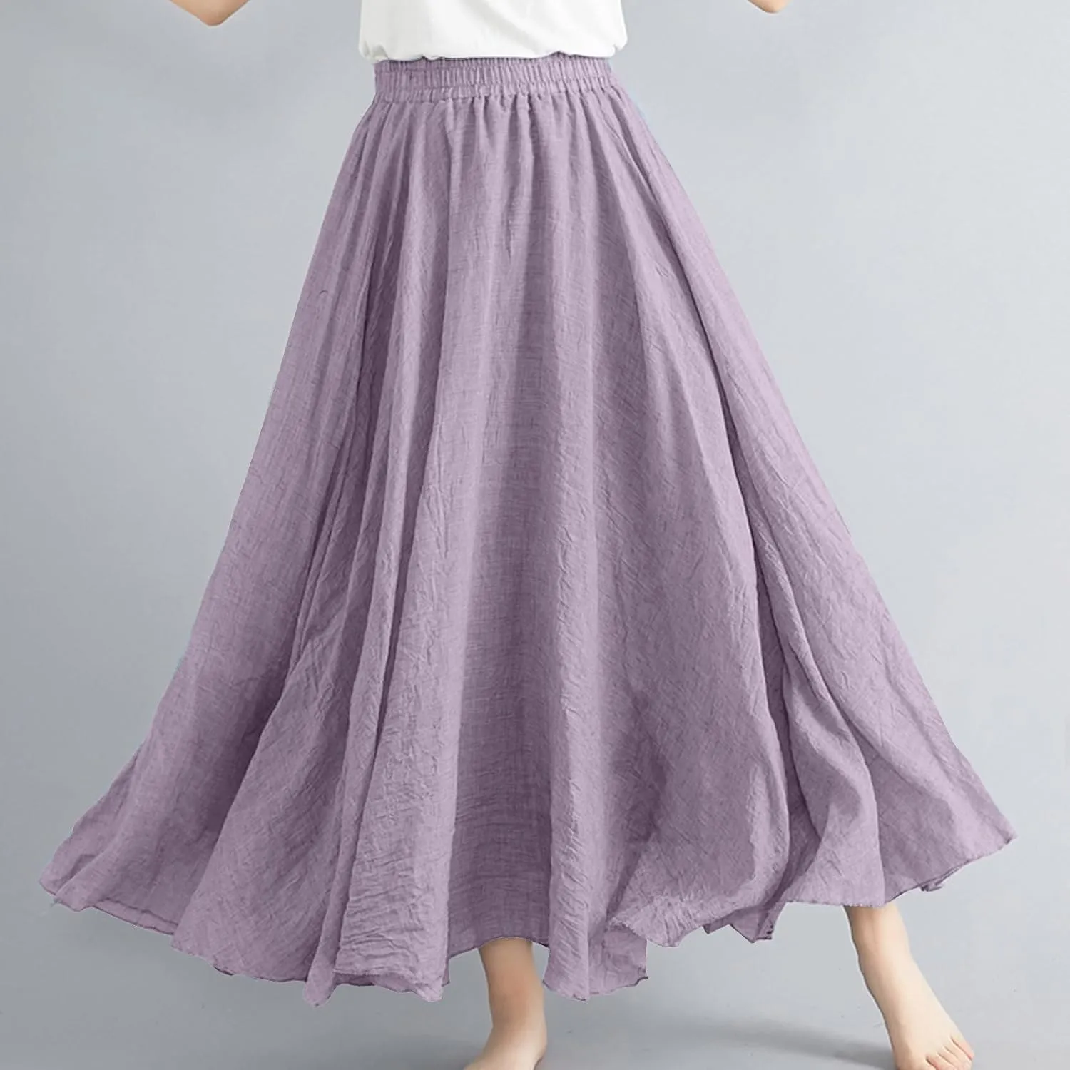 Womens Linen A-Line Skirts Elastic High Waisted Maxi Skirts Bohemian Casual Flowy Solid Beach Vacation Long Skirt