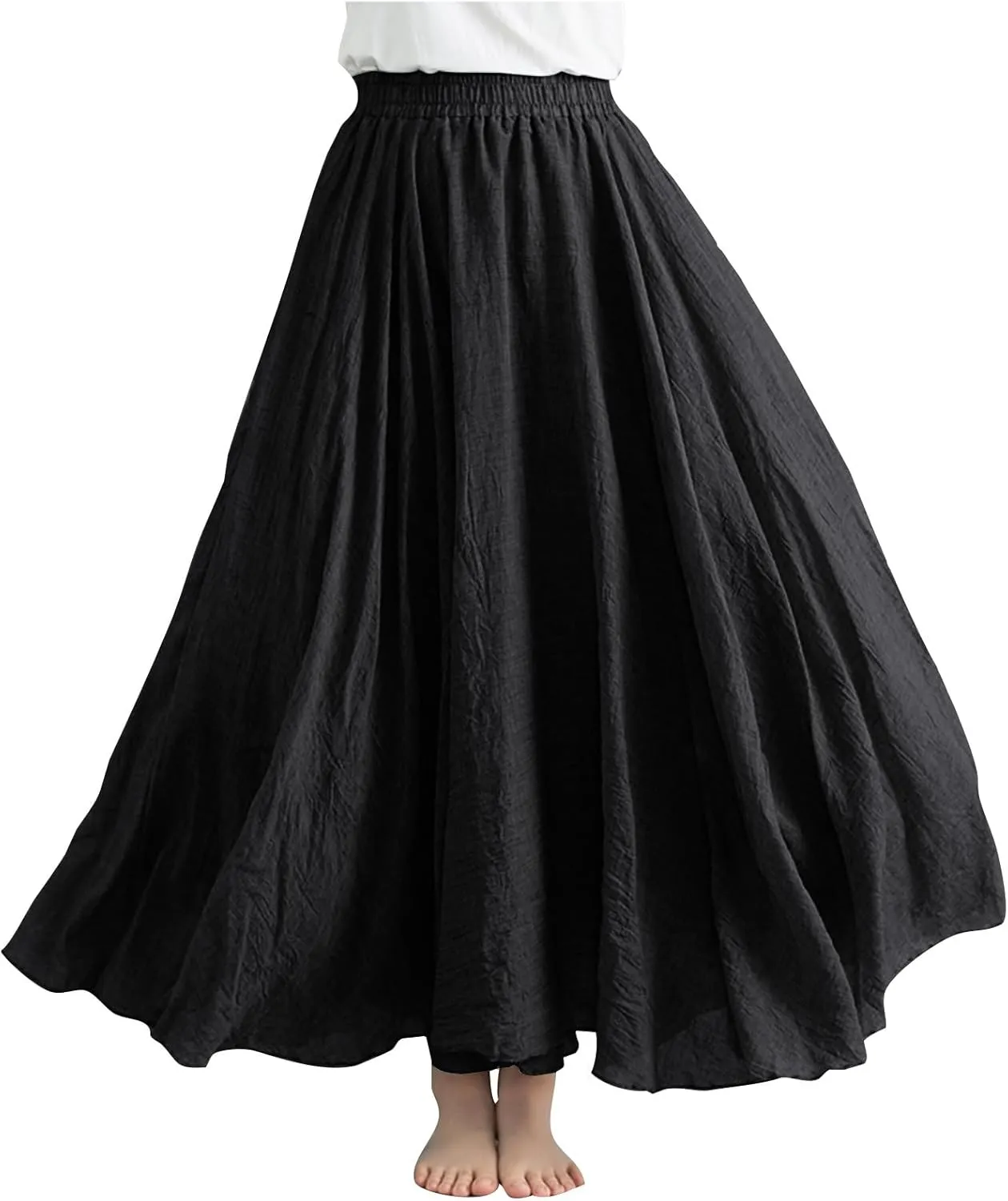 Womens Linen A-Line Skirts Elastic High Waisted Maxi Skirts Bohemian Casual Flowy Solid Beach Vacation Long Skirt