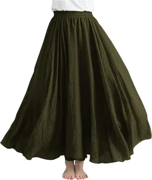 Womens Linen A-Line Skirts Elastic High Waisted Maxi Skirts Bohemian Casual Flowy Solid Beach Vacation Long Skirt