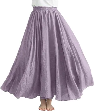 Womens Linen A-Line Skirts Elastic High Waisted Maxi Skirts Bohemian Casual Flowy Solid Beach Vacation Long Skirt