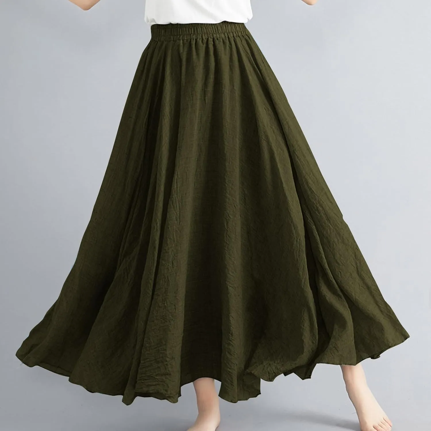 Womens Linen A-Line Skirts Elastic High Waisted Maxi Skirts Bohemian Casual Flowy Solid Beach Vacation Long Skirt