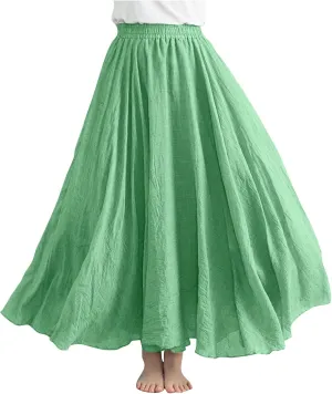 Womens Linen A-Line Skirts Elastic High Waisted Maxi Skirts Bohemian Casual Flowy Solid Beach Vacation Long Skirt