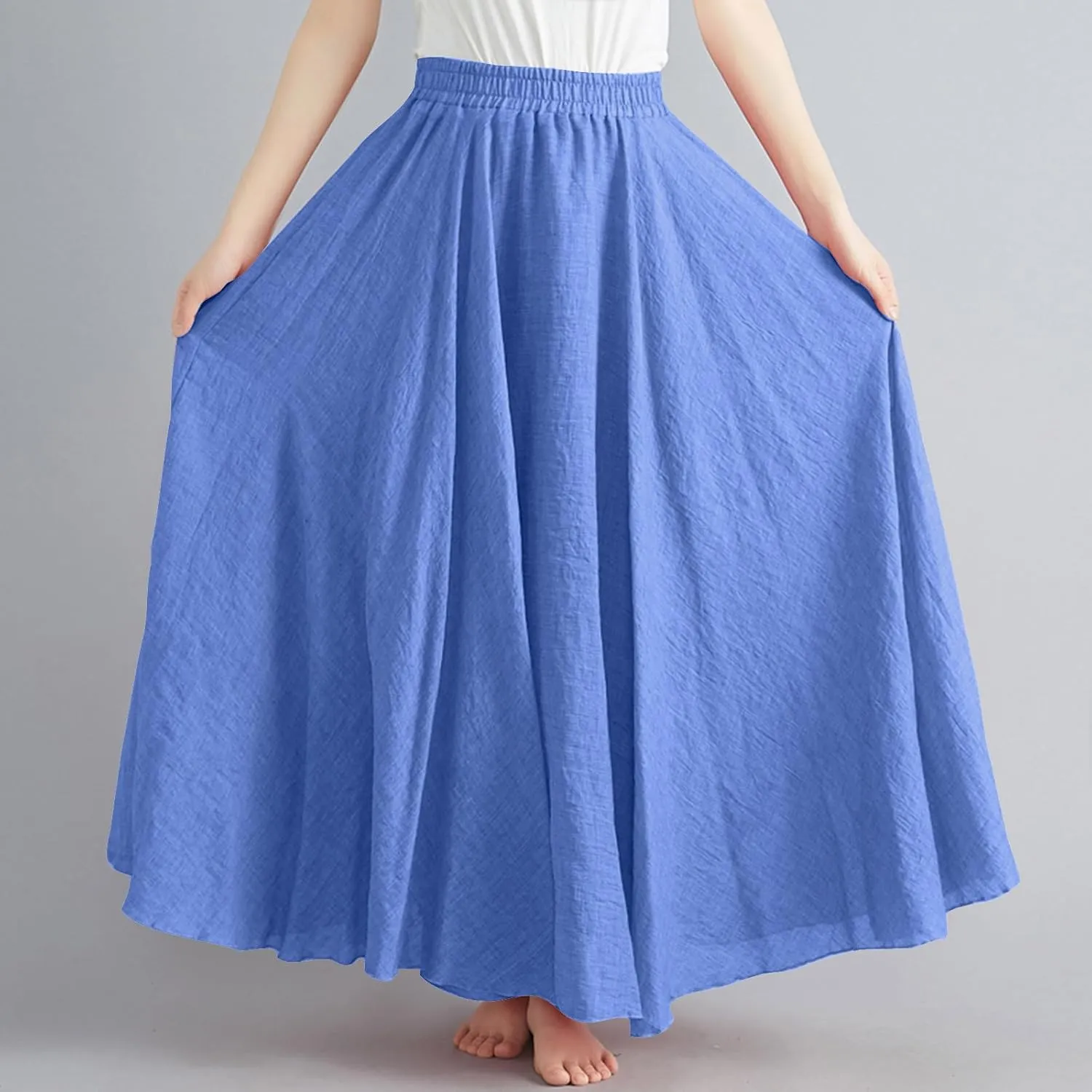 Womens Linen A-Line Skirts Elastic High Waisted Maxi Skirts Bohemian Casual Flowy Solid Beach Vacation Long Skirt