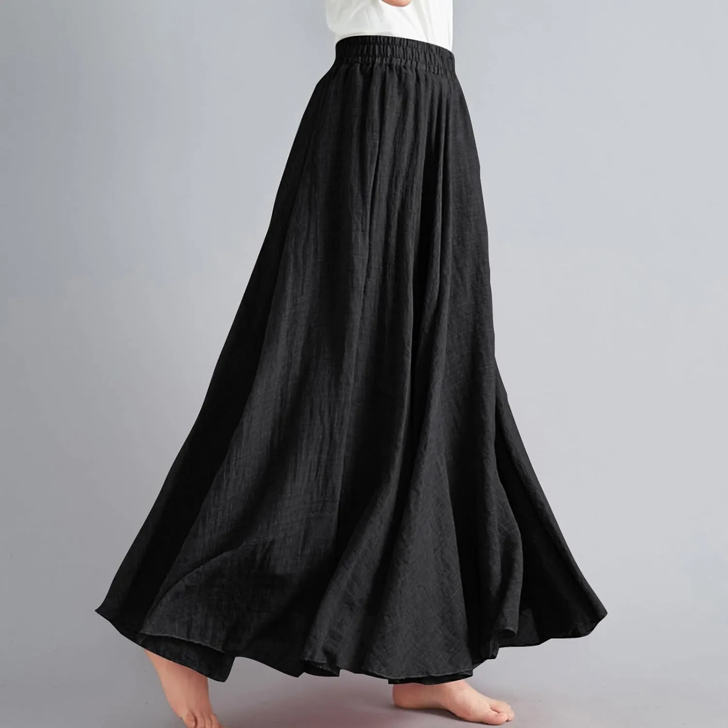 Womens Linen A-Line Skirts Elastic High Waisted Maxi Skirts Bohemian Casual Flowy Solid Beach Vacation Long Skirt