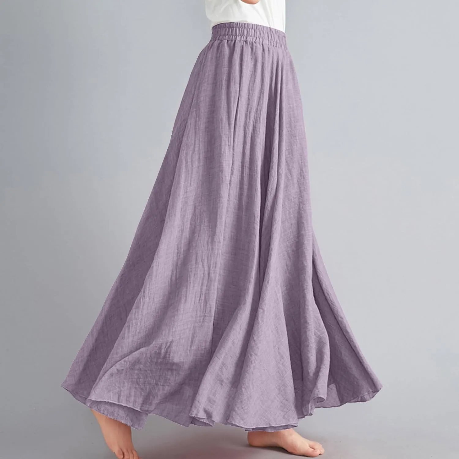 Womens Linen A-Line Skirts Elastic High Waisted Maxi Skirts Bohemian Casual Flowy Solid Beach Vacation Long Skirt
