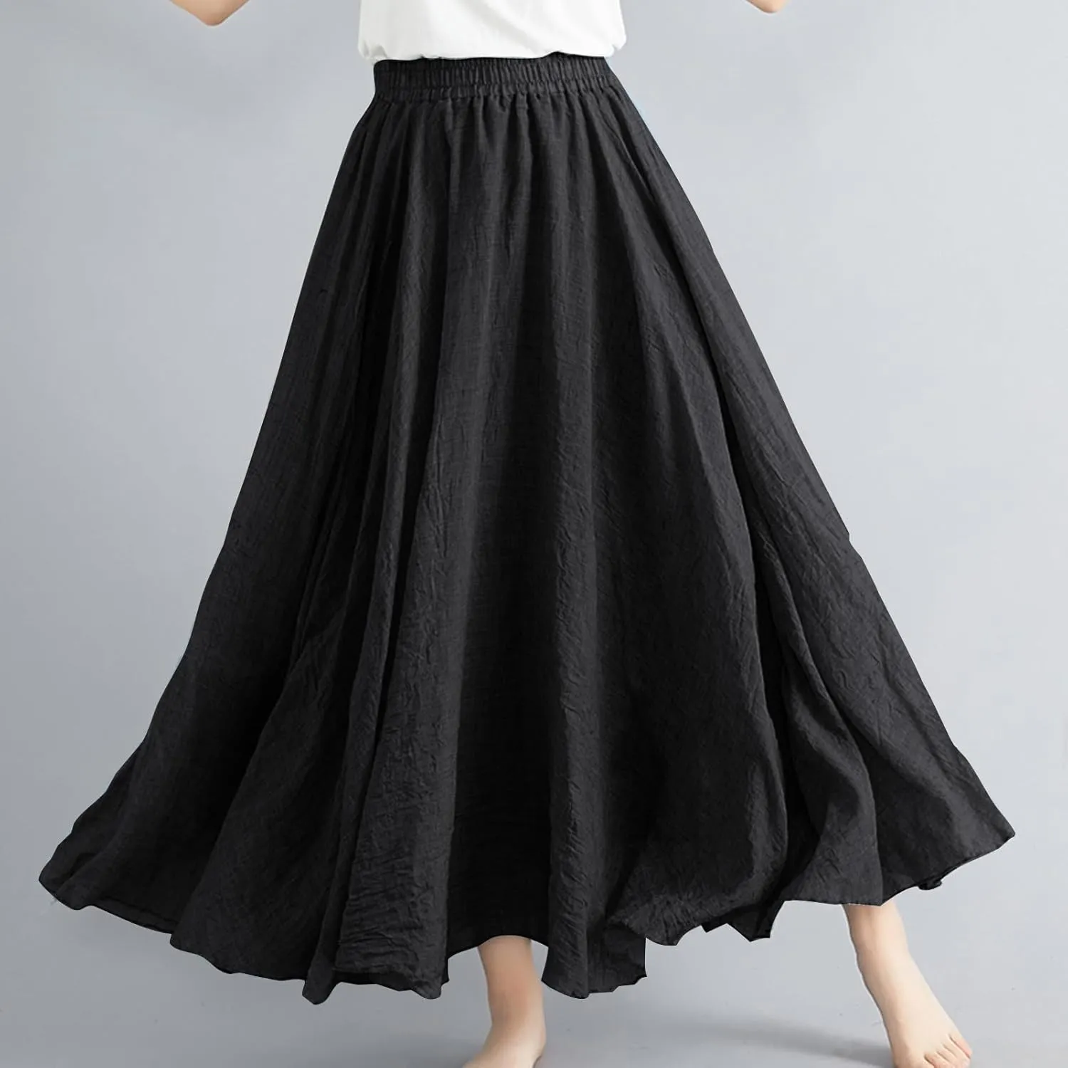 Womens Linen A-Line Skirts Elastic High Waisted Maxi Skirts Bohemian Casual Flowy Solid Beach Vacation Long Skirt