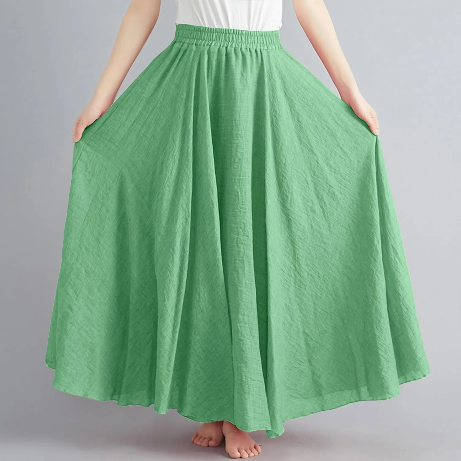 Womens Linen A-Line Skirts Elastic High Waisted Maxi Skirts Bohemian Casual Flowy Solid Beach Vacation Long Skirt