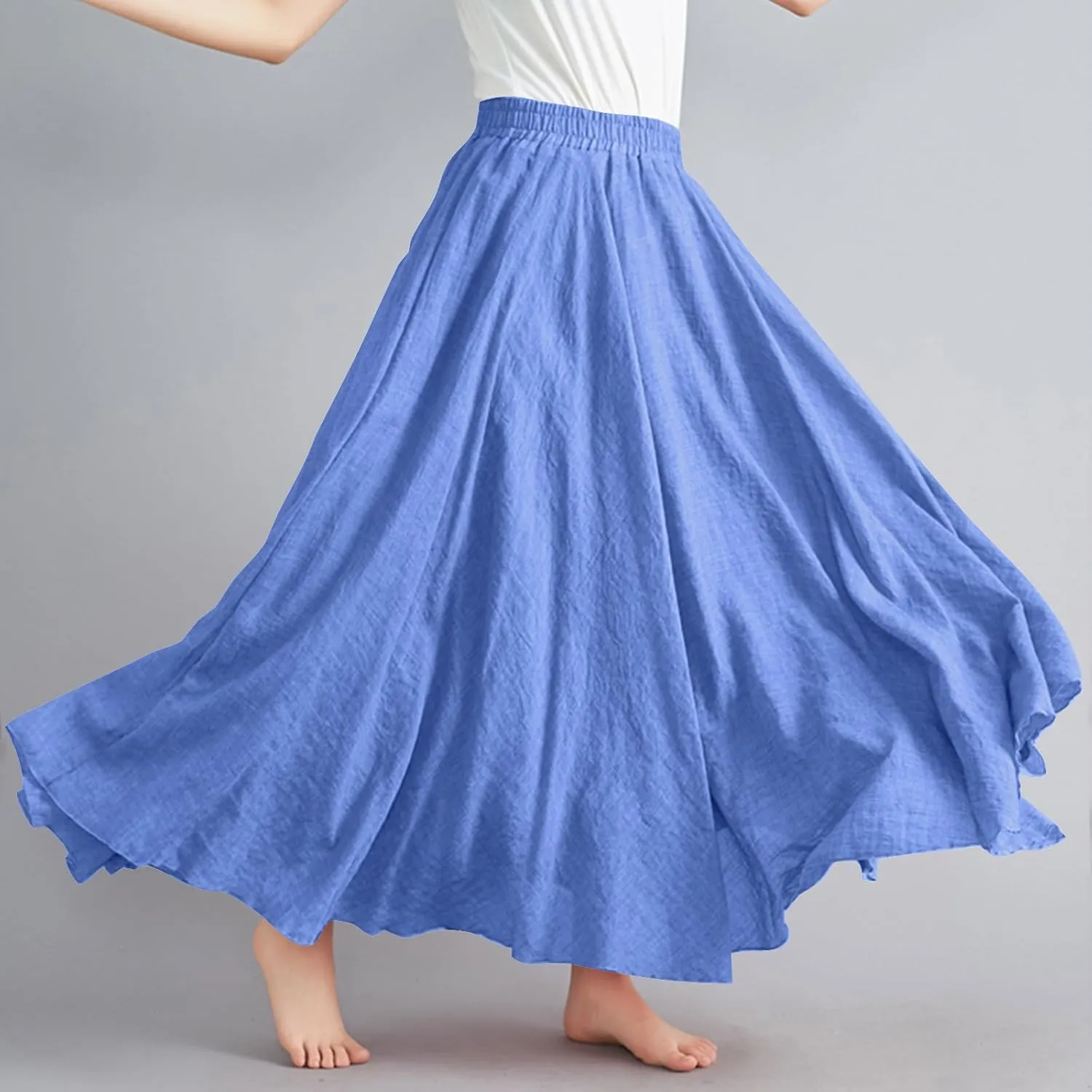 Womens Linen A-Line Skirts Elastic High Waisted Maxi Skirts Bohemian Casual Flowy Solid Beach Vacation Long Skirt