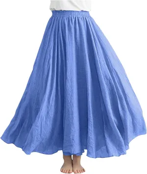 Womens Linen A-Line Skirts Elastic High Waisted Maxi Skirts Bohemian Casual Flowy Solid Beach Vacation Long Skirt