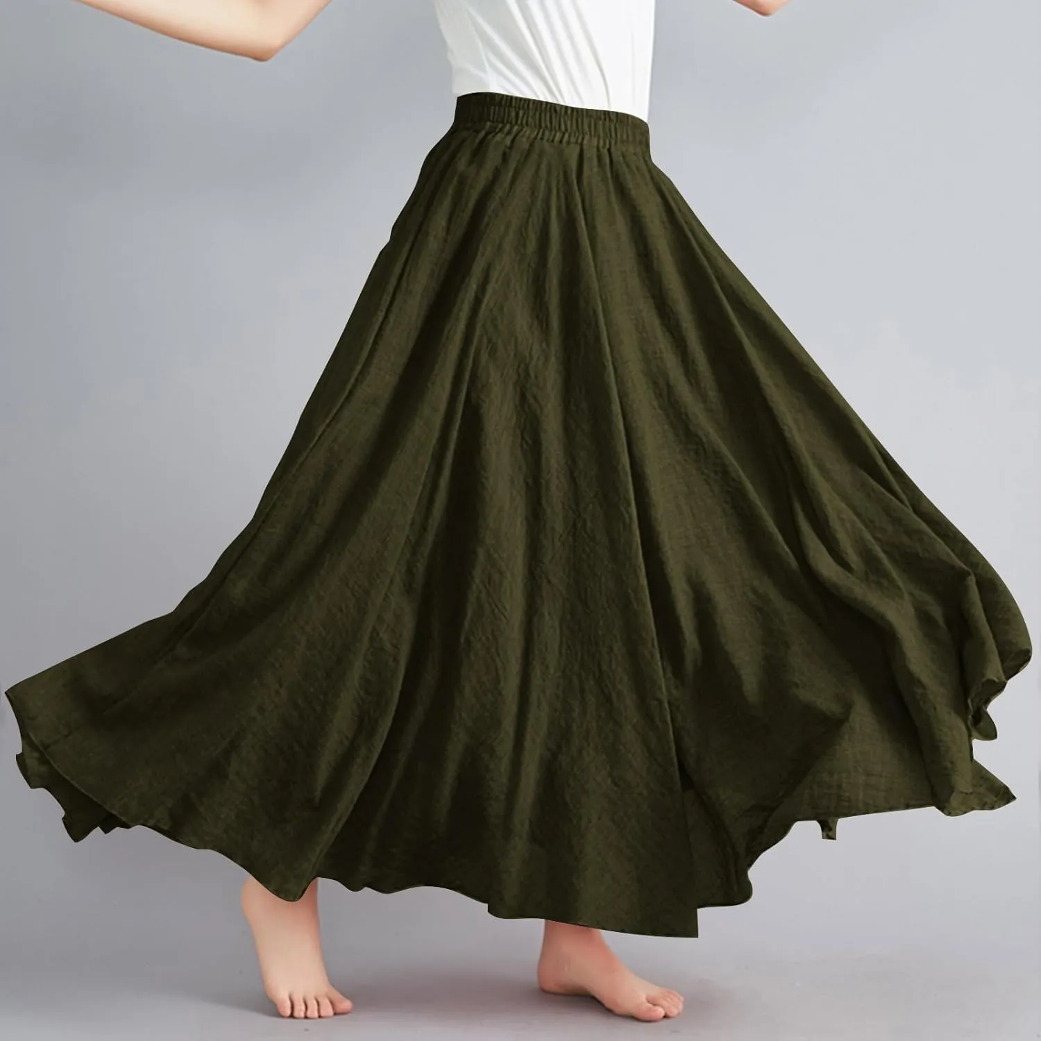 Womens Linen A-Line Skirts Elastic High Waisted Maxi Skirts Bohemian Casual Flowy Solid Beach Vacation Long Skirt