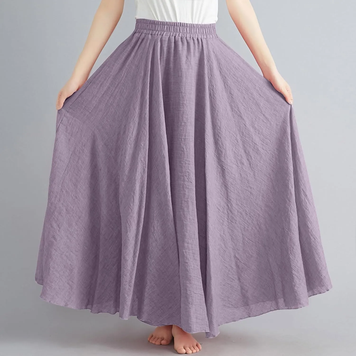 Womens Linen A-Line Skirts Elastic High Waisted Maxi Skirts Bohemian Casual Flowy Solid Beach Vacation Long Skirt