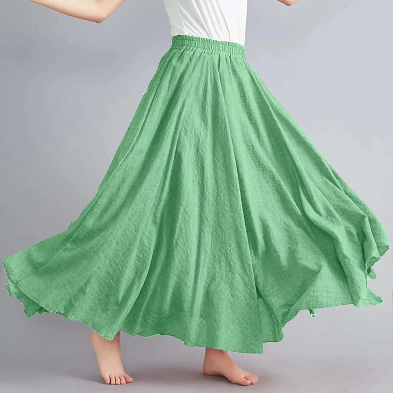 Womens Linen A-Line Skirts Elastic High Waisted Maxi Skirts Bohemian Casual Flowy Solid Beach Vacation Long Skirt