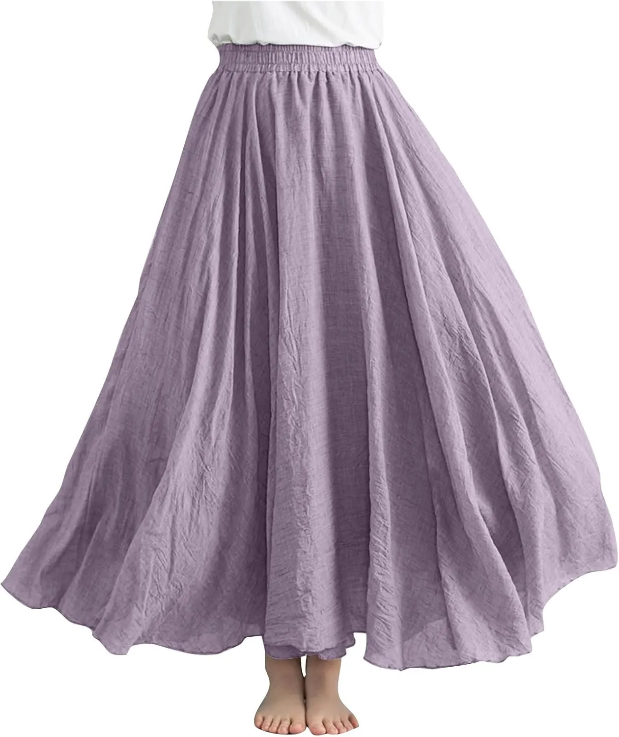 Womens Linen A-Line Skirts Elastic High Waisted Maxi Skirts Bohemian Casual Flowy Solid Beach Vacation Long Skirt