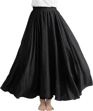 Womens Linen A-Line Skirts Elastic High Waisted Maxi Skirts Bohemian Casual Flowy Solid Beach Vacation Long Skirt
