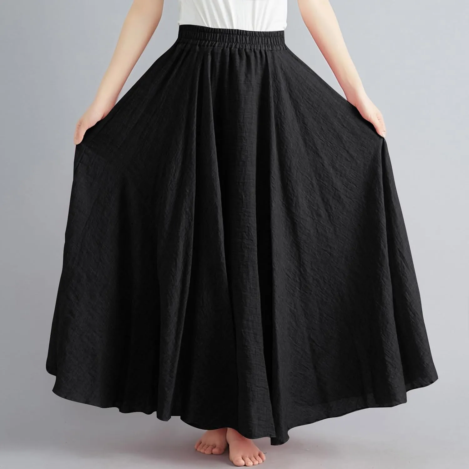 Womens Linen A-Line Skirts Elastic High Waisted Maxi Skirts Bohemian Casual Flowy Solid Beach Vacation Long Skirt