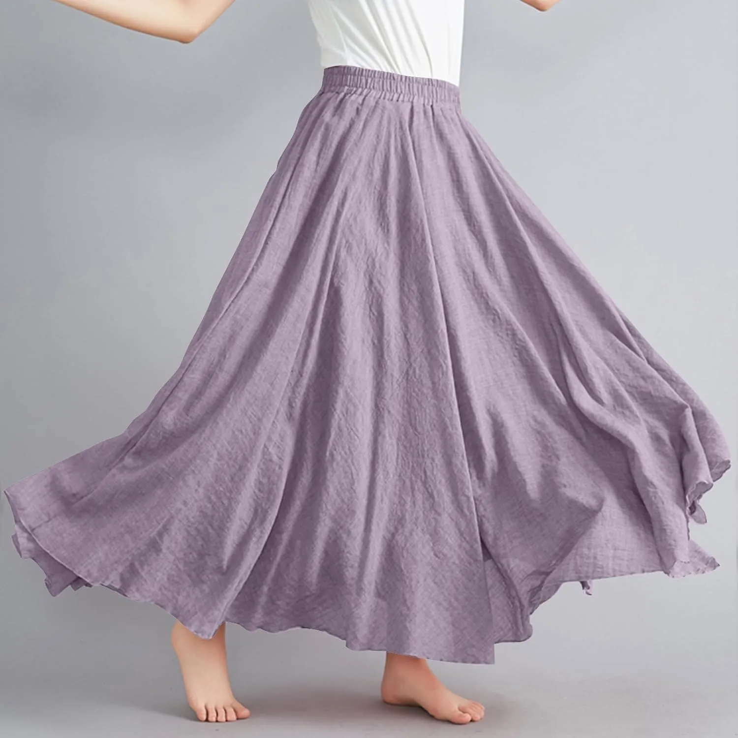 Womens Linen A-Line Skirts Elastic High Waisted Maxi Skirts Bohemian Casual Flowy Solid Beach Vacation Long Skirt