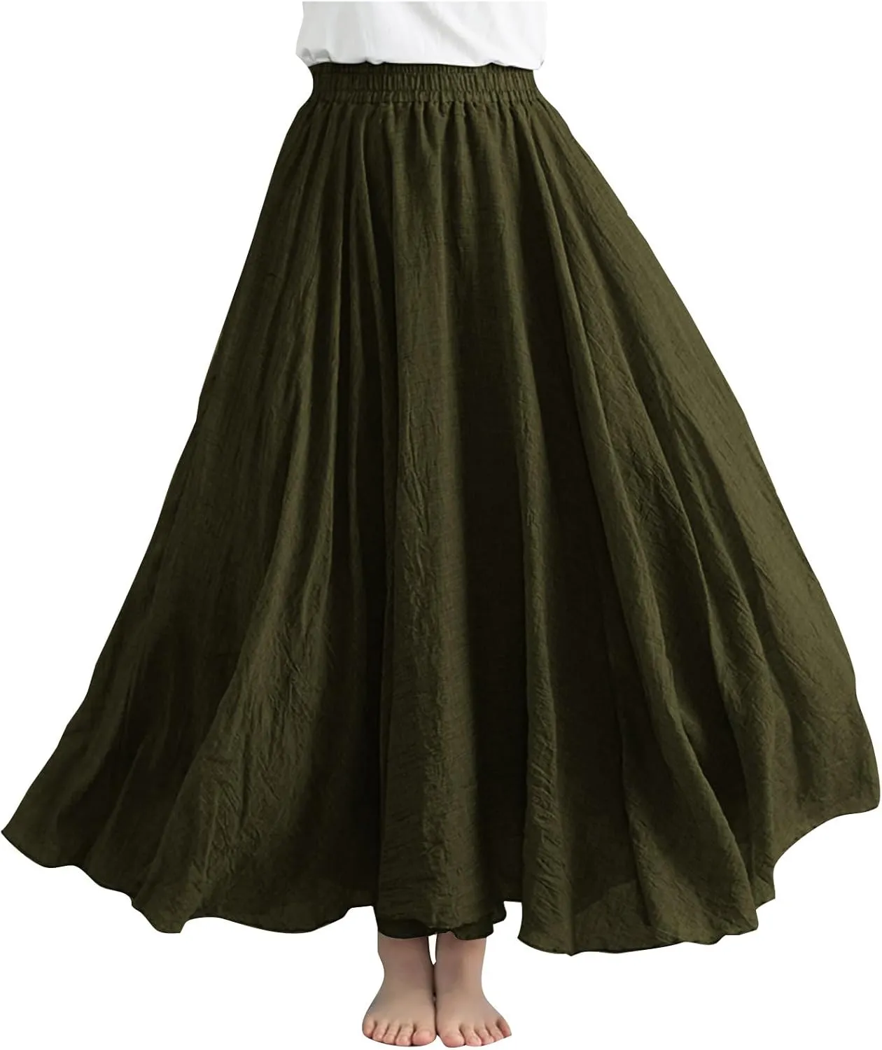 Womens Linen A-Line Skirts Elastic High Waisted Maxi Skirts Bohemian Casual Flowy Solid Beach Vacation Long Skirt
