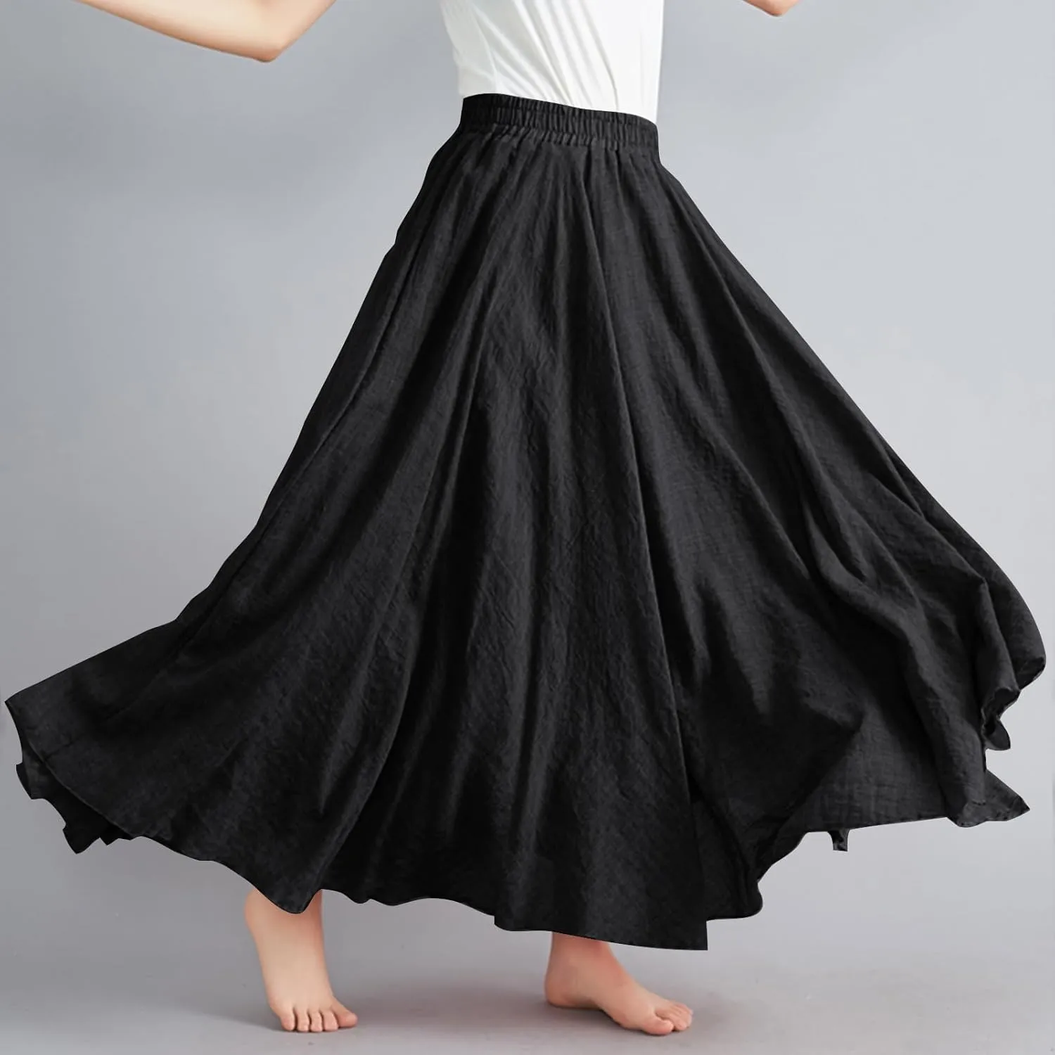 Womens Linen A-Line Skirts Elastic High Waisted Maxi Skirts Bohemian Casual Flowy Solid Beach Vacation Long Skirt