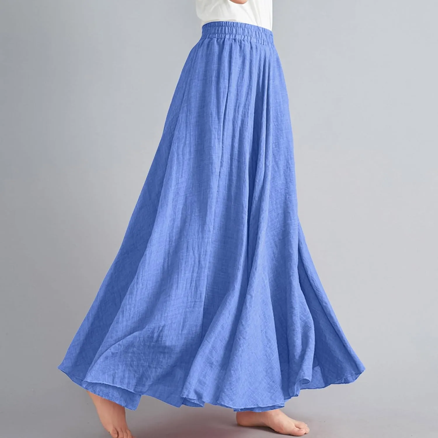 Womens Linen A-Line Skirts Elastic High Waisted Maxi Skirts Bohemian Casual Flowy Solid Beach Vacation Long Skirt