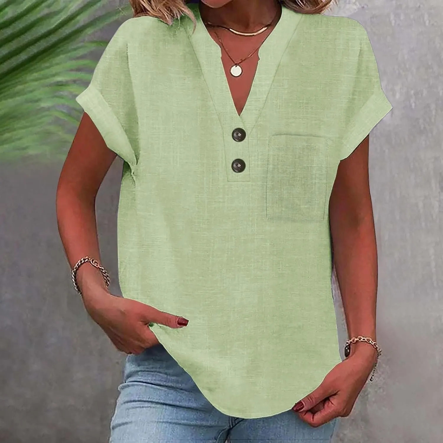 Womens Linen Shirt Cotton Gauze Tops Short Sleeve V Neck Button Henley Shirts Causal Summer Blouses Linen Clothing
