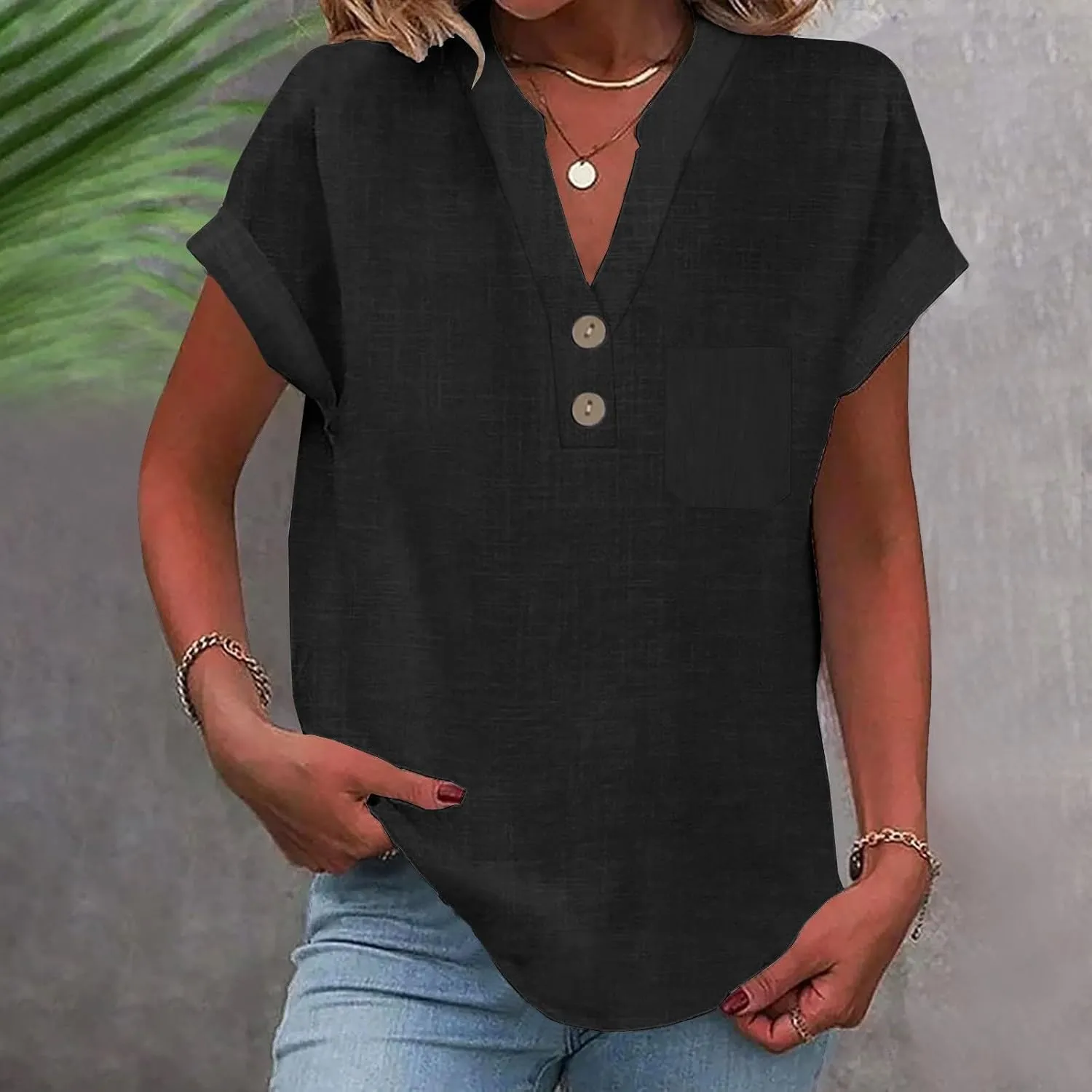 Womens Linen Shirt Cotton Gauze Tops Short Sleeve V Neck Button Henley Shirts Causal Summer Blouses Linen Clothing