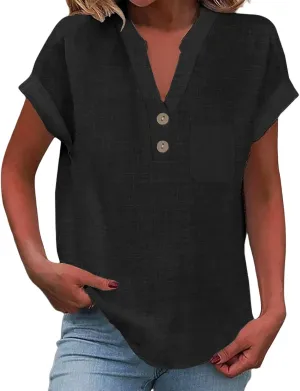 Womens Linen Shirt Cotton Gauze Tops Short Sleeve V Neck Button Henley Shirts Causal Summer Blouses Linen Clothing