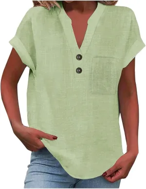 Womens Linen Shirt Cotton Gauze Tops Short Sleeve V Neck Button Henley Shirts Causal Summer Blouses Linen Clothing