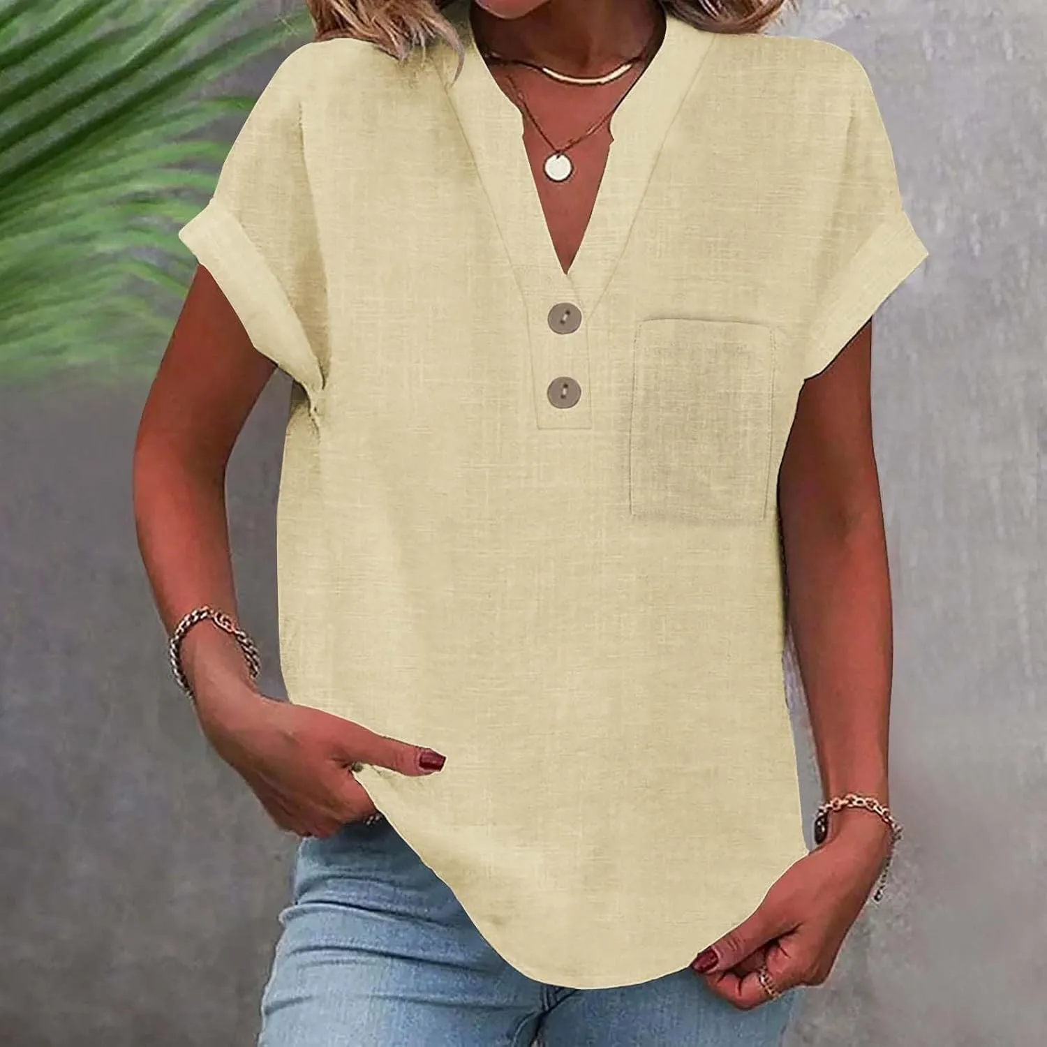 Womens Linen Shirt Cotton Gauze Tops Short Sleeve V Neck Button Henley Shirts Causal Summer Blouses Linen Clothing