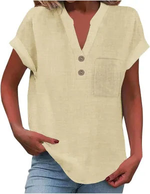 Womens Linen Shirt Cotton Gauze Tops Short Sleeve V Neck Button Henley Shirts Causal Summer Blouses Linen Clothing