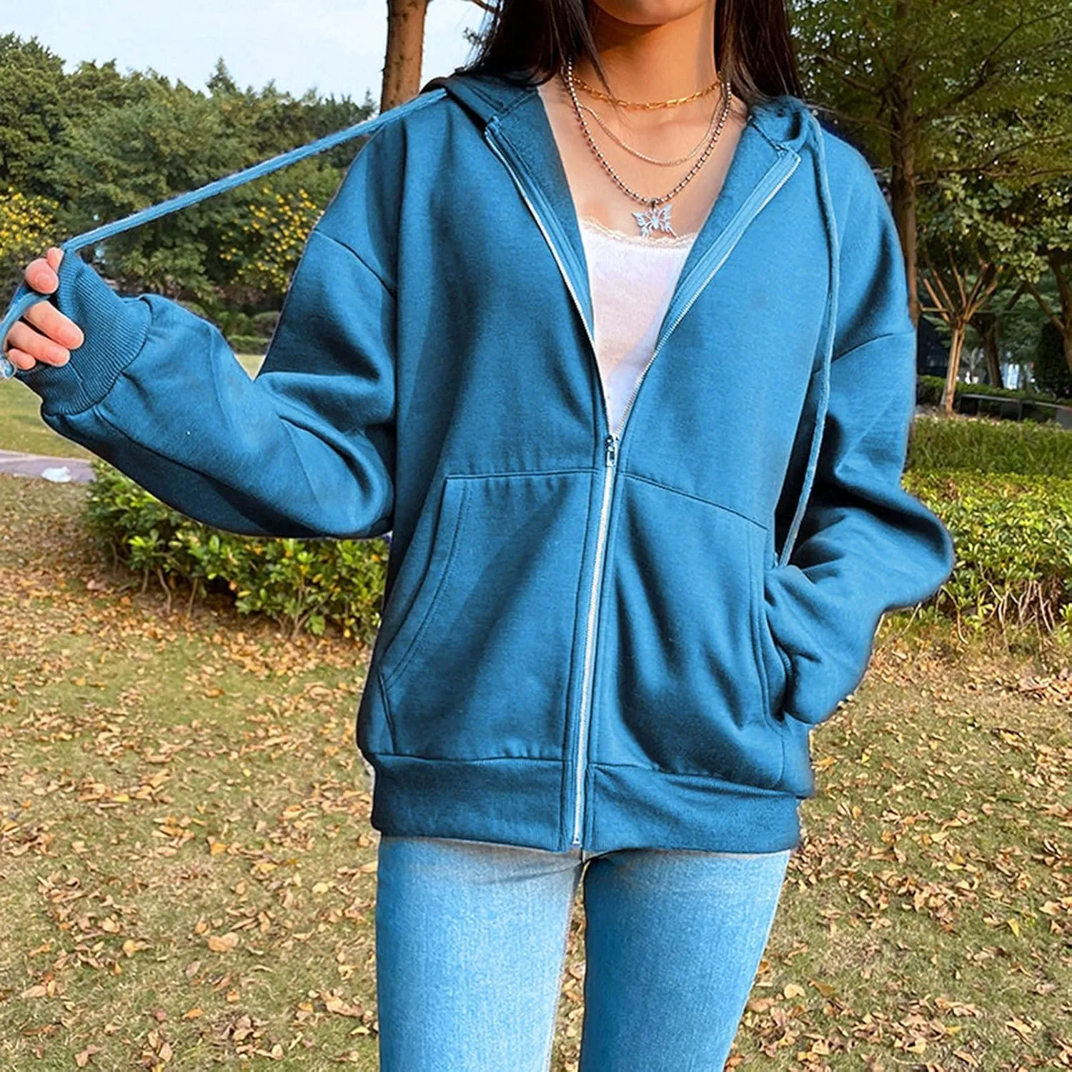 Womens Long Sleeve Sweatshirt Drawstring Zip Up Hoodies with Pocket Korean Clothes