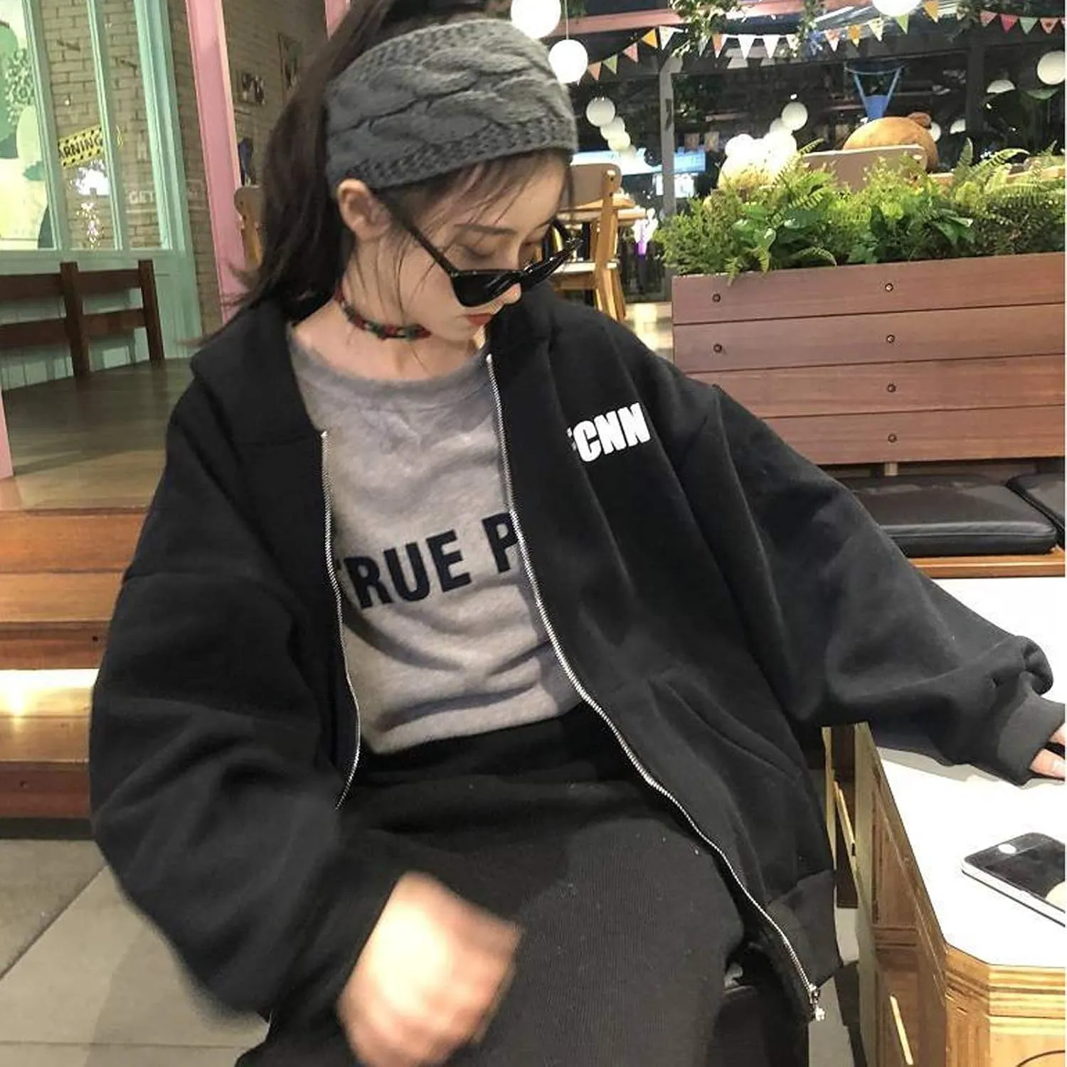 Womens Long Sleeve Sweatshirt Drawstring Zip Up Hoodies with Pocket Korean Clothes