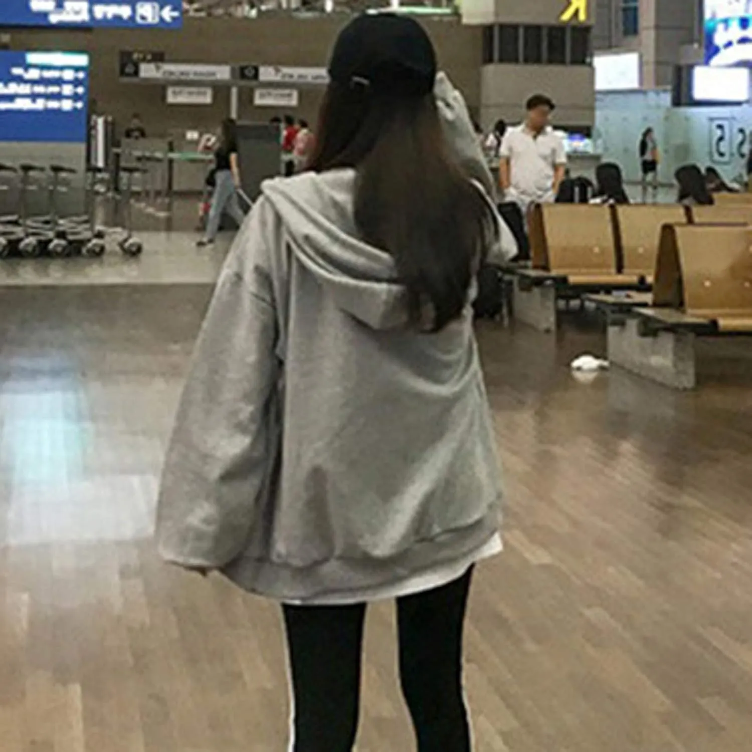 Womens Long Sleeve Sweatshirt Drawstring Zip Up Hoodies with Pocket Korean Clothes
