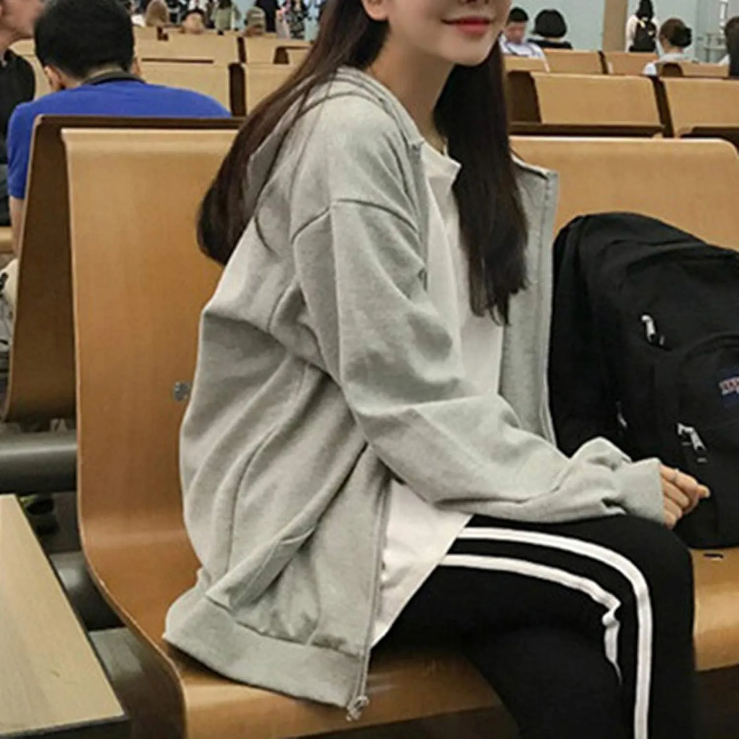 Womens Long Sleeve Sweatshirt Drawstring Zip Up Hoodies with Pocket Korean Clothes