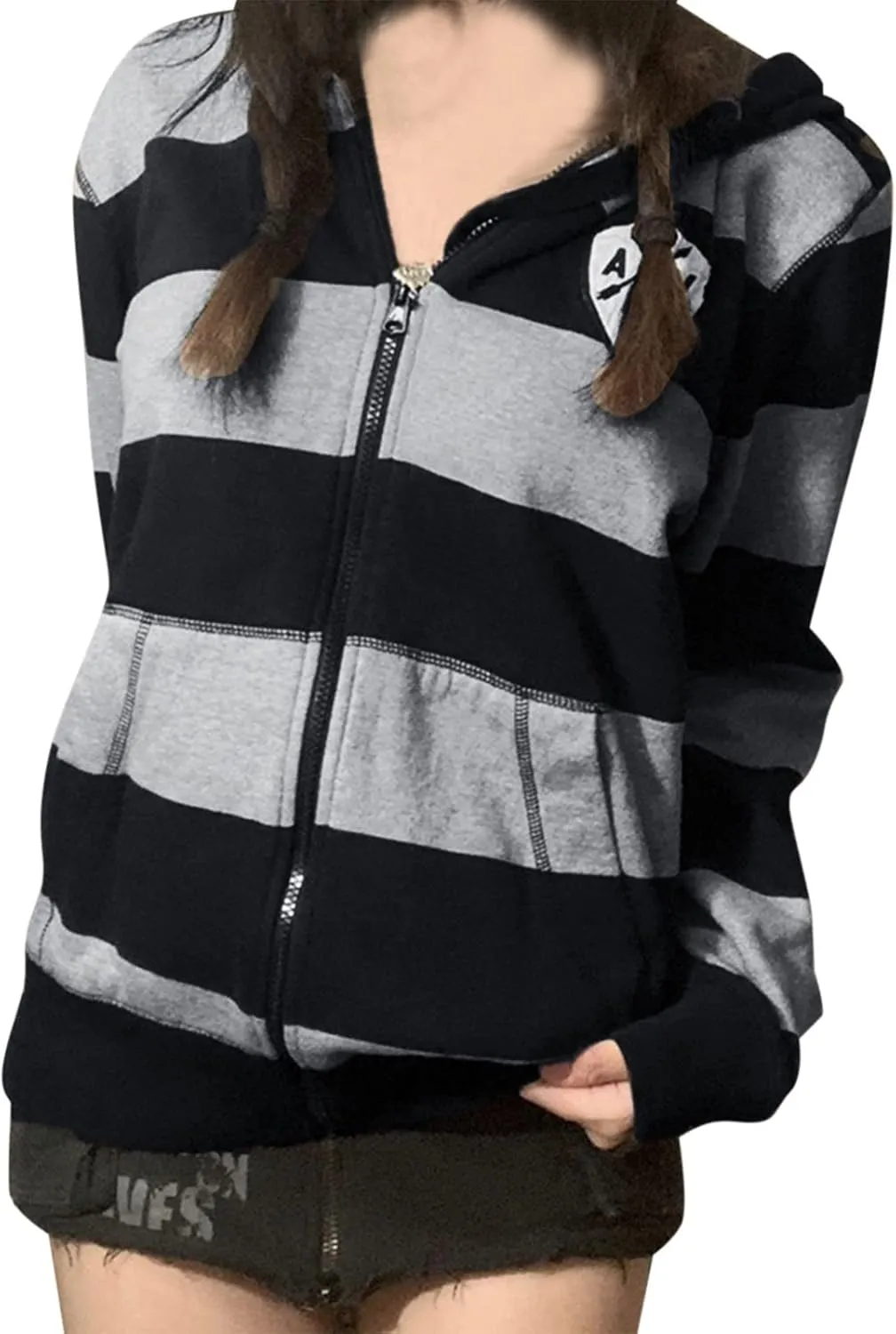 Womens Long Sleeve Sweatshirt Drawstring Zip Up Hoodies with Pocket Korean Clothes