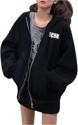 Womens Long Sleeve Sweatshirt Drawstring Zip Up Hoodies with Pocket Korean Clothes