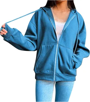 Womens Long Sleeve Sweatshirt Drawstring Zip Up Hoodies with Pocket Korean Clothes
