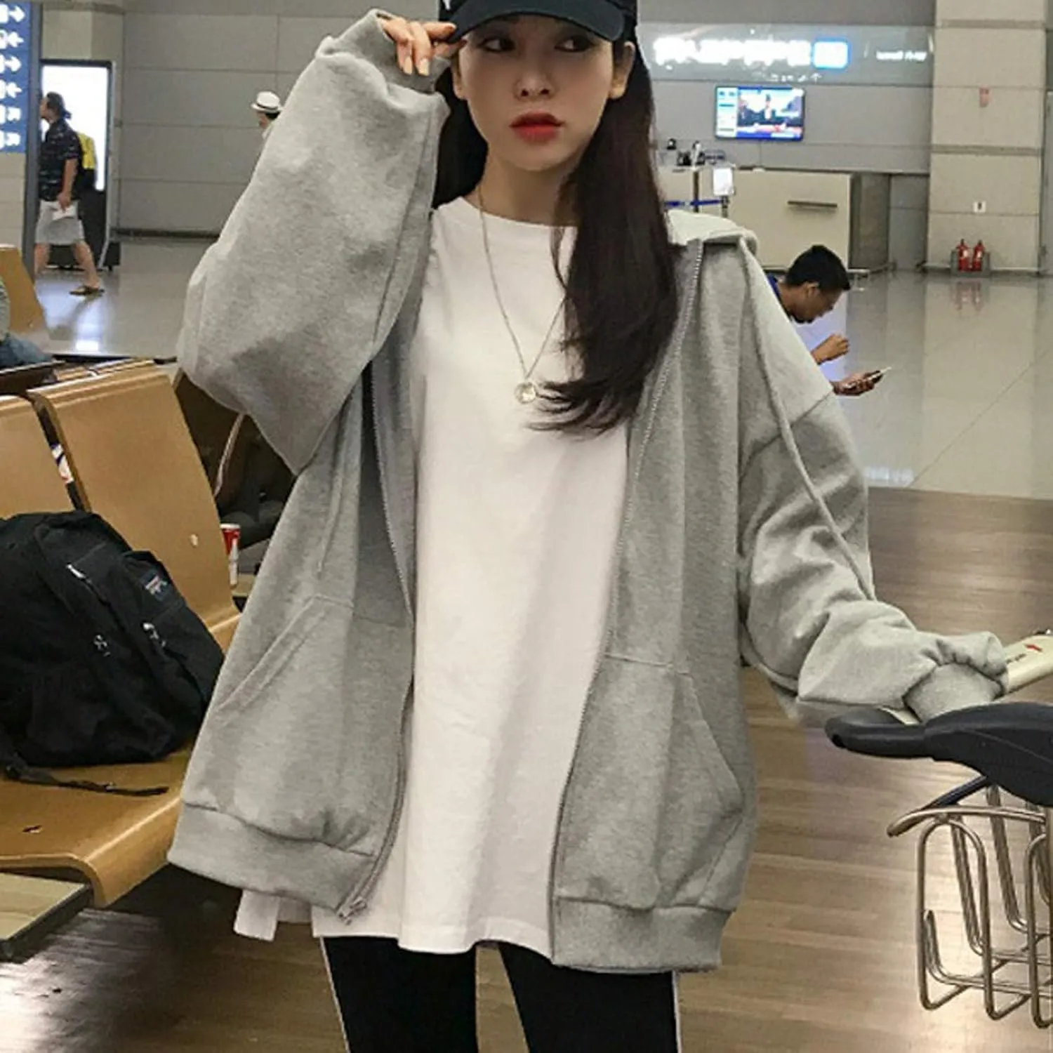Womens Long Sleeve Sweatshirt Drawstring Zip Up Hoodies with Pocket Korean Clothes