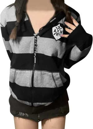 Womens Long Sleeve Sweatshirt Drawstring Zip Up Hoodies with Pocket Korean Clothes
