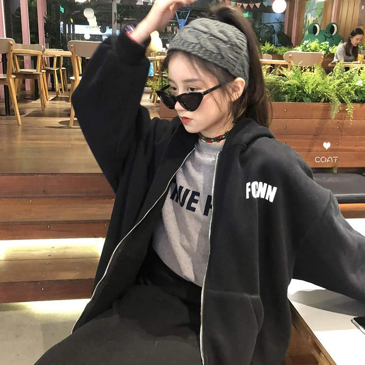Womens Long Sleeve Sweatshirt Drawstring Zip Up Hoodies with Pocket Korean Clothes