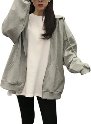 Womens Long Sleeve Sweatshirt Drawstring Zip Up Hoodies with Pocket Korean Clothes