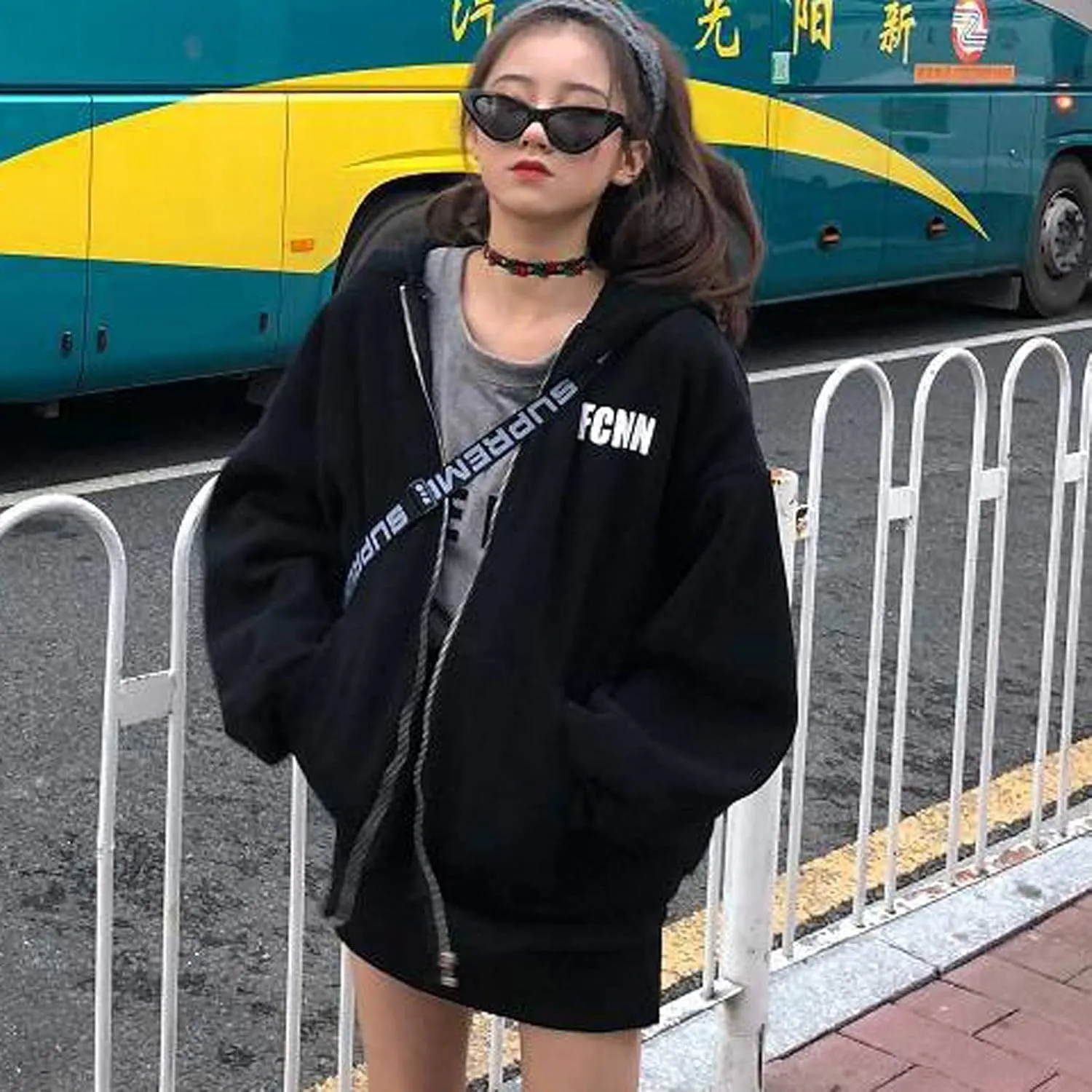 Womens Long Sleeve Sweatshirt Drawstring Zip Up Hoodies with Pocket Korean Clothes