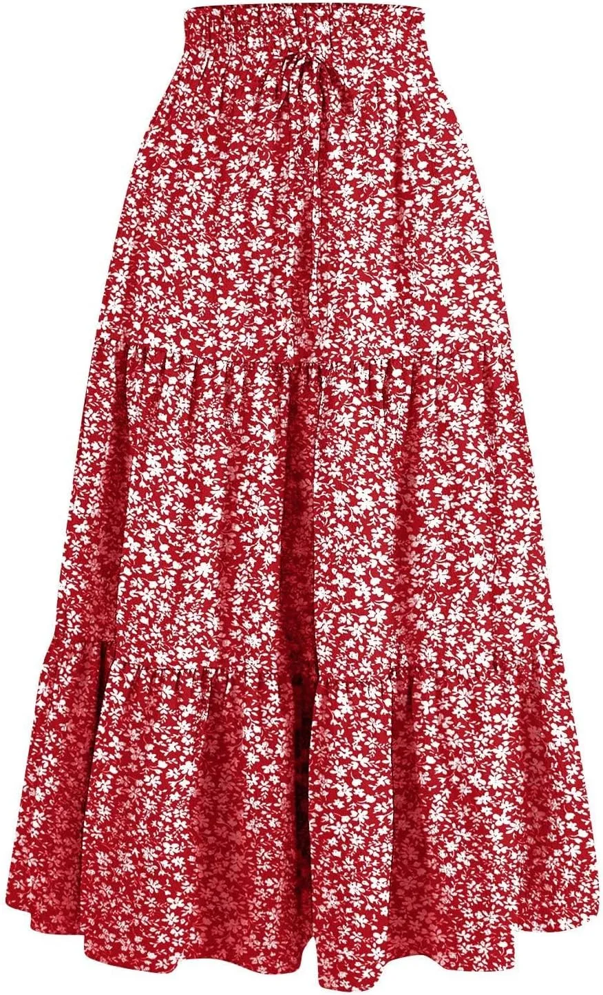 Women's Long Summer Maxi Skirt 2025 Solid Color Floral Elastic Waist A-Line Skirts with Drawstring Loose Skirt