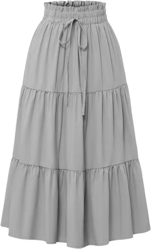 Women's Long Summer Maxi Skirt 2025 Solid Color Floral Elastic Waist A-Line Skirts with Drawstring Loose Skirt