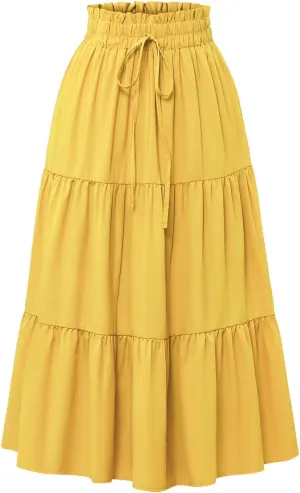 Women's Long Summer Maxi Skirt 2025 Solid Color Floral Elastic Waist A-Line Skirts with Drawstring Loose Skirt
