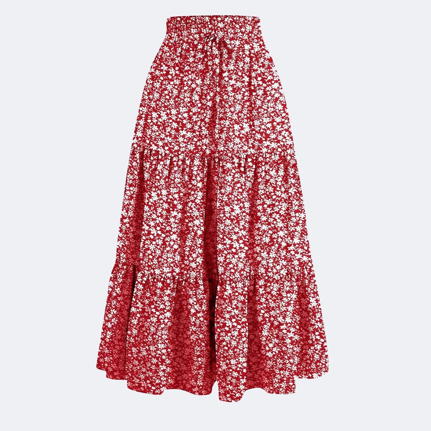 Women's Long Summer Maxi Skirt 2025 Solid Color Floral Elastic Waist A-Line Skirts with Drawstring Loose Skirt